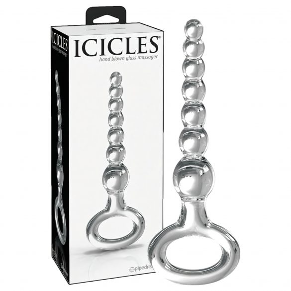 Icicles Nr. 67 - stikla dildo ar bumbiņām un roktura gredzenu (caurspīdīgs) 