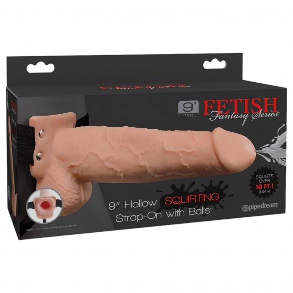 Fetiša Strap-On 9 - uzliekams, dobš, šļācošs dildo (dabīgs)