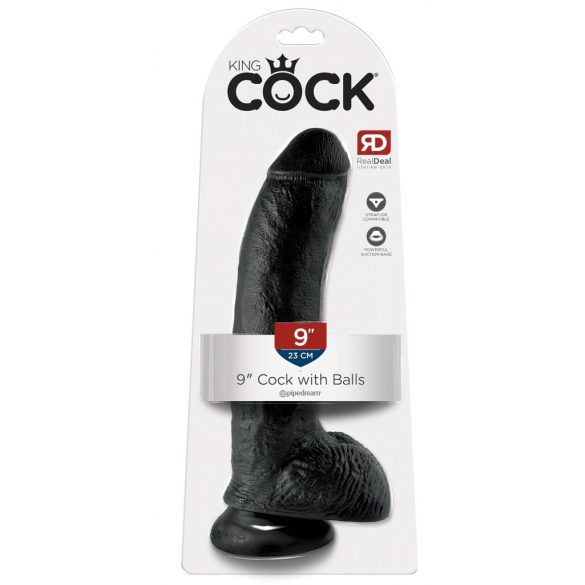 King Cock 9 - liels piesūcekņa dzimumloceklis ar sēklotņiem (23cm) - melns 