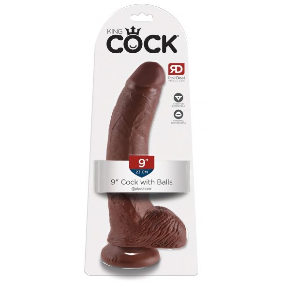 King Cock 9 - liels piesūceknis dildo ar sēkliniekiem (23 cm) - brūns 