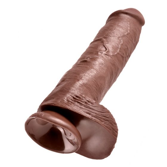 King Cock 11 - liels piesūceknis dildo ar sēkliniekiem (28cm) - brūns