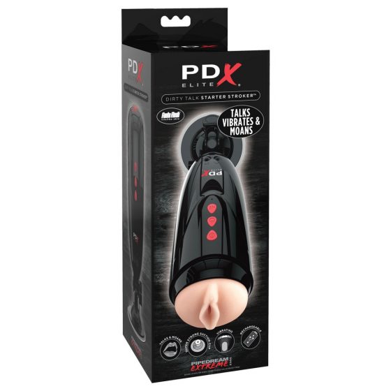 PDX Elite Dirty Talk - akumulators, vibrējošs mākslīgā vagīna masturbators (melns)