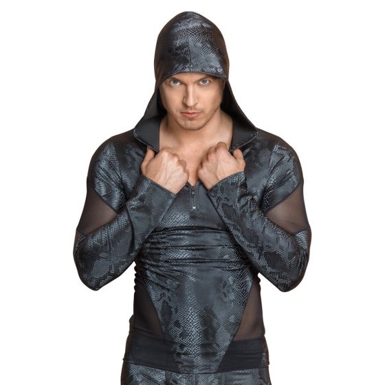 NEK - kapucnis, mustrimadata ir zīdainim audumam vīriešu virsdrēbes melnā krāsā ar čūskas ādas rakstu - M