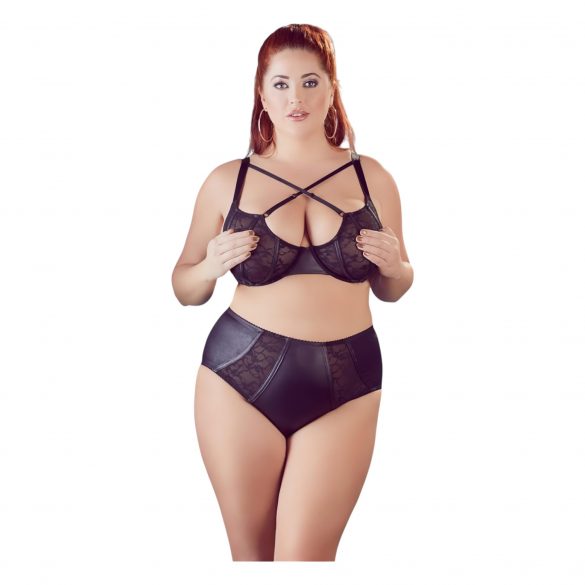 Cottelli Plus Size - krustotu siksnu krūšturis un apakšbikses (melns)