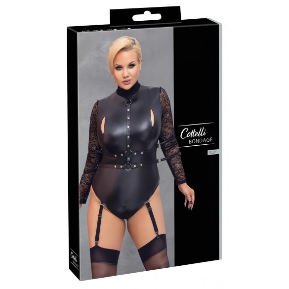 Cottelli Bondage Plus Size - mežģīņu piedurkņu bodijs (melns) 