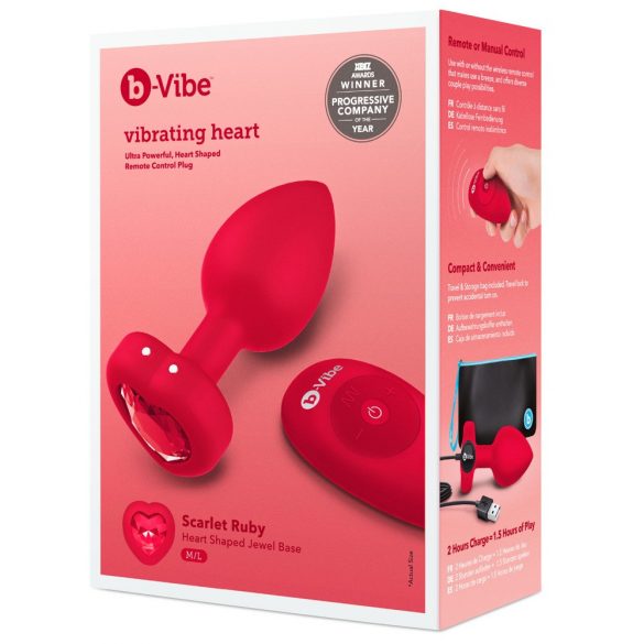 b-vibe heart - uzlādējams, ar tālvadības pulti anālais vibrators (sarkans) 