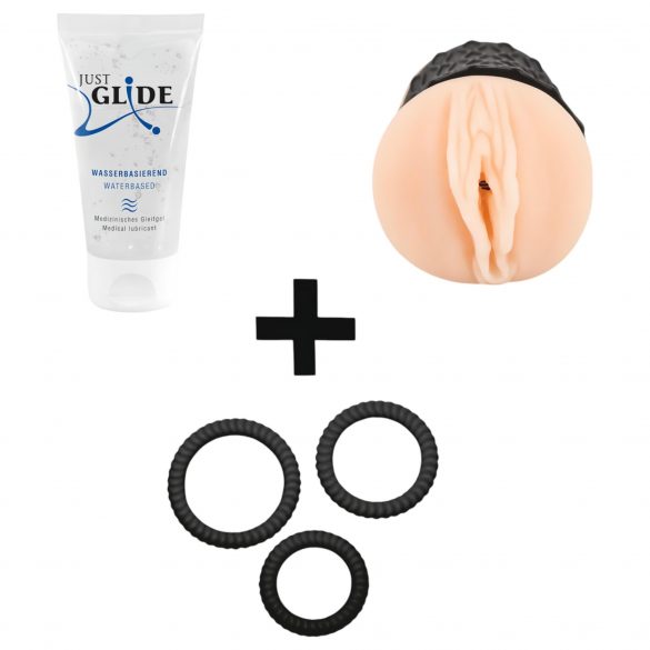 Handjob starter kit (masturbator, lubricator, penis ring) 