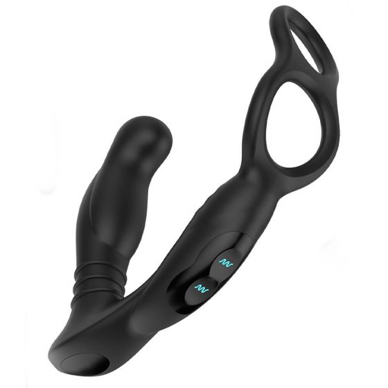 Nexus Simul8 - akumulatora vibrējošā dzimumlocekļa gredzens ar anālo dildo (melns)
