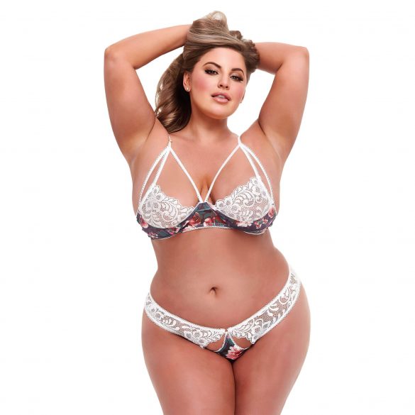 Baci Plus Size - ziedu, mežģīņu krūšturis un atvērts dibens biksītes 